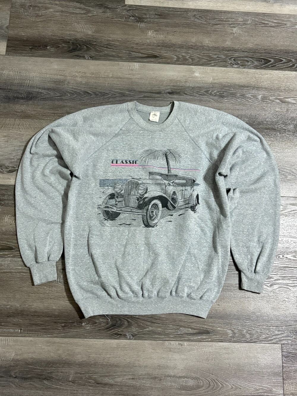 Vintage 1987 Tee Jays Classic Car Grey Crewneck Retro Made In USA - Men’s XL